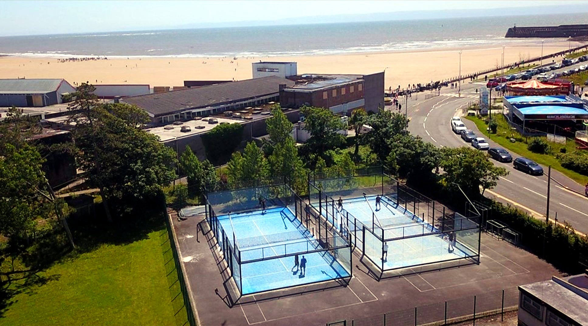 Aerial view of the two Porthcawl Padel courts at Griffin Park, a short walk from the beach and the sea